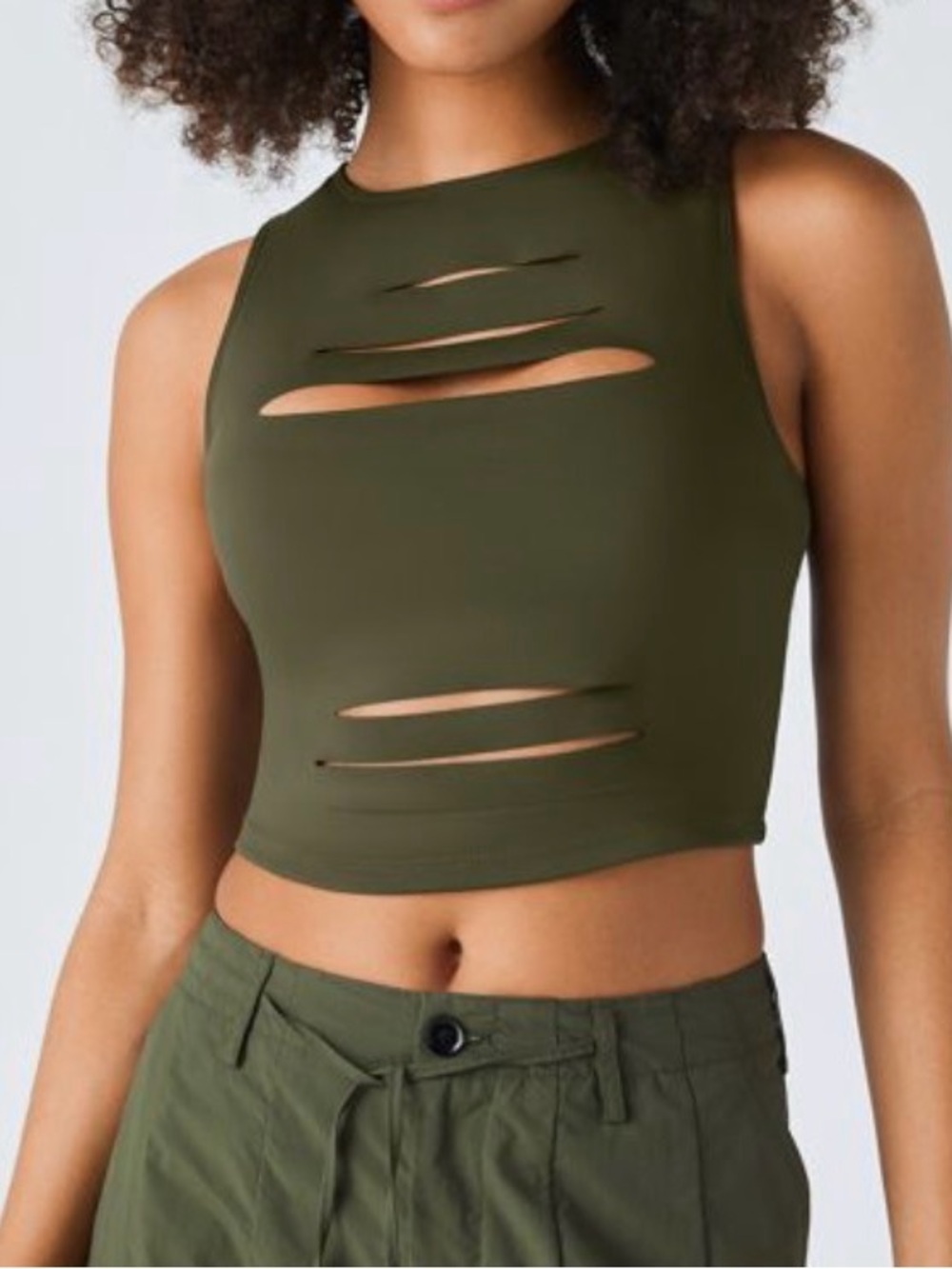 Halara DayStretch Racerback Cut Out Ripped Cropped Tank Top Green Small NEW - Picture 2 of 10